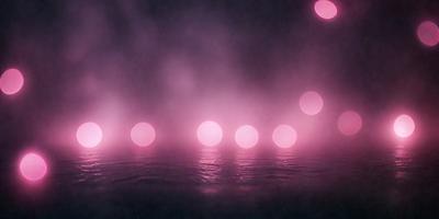The primary subject of the image is a series of pink circles floating in a dark, foggy environment. The setting appears to be a nighttime scene with a moody atmosphere. The visual style of the image is a combination of photo and digital art, creating a unique and captivating visual effect. The dominant colors in the image are pink and dark, with the pink circles contrasting against the dark background.