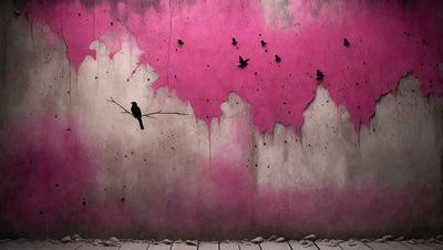 The primary subject of the image is a bird perched on a branch. The bird is situated in the middle of the scene, surrounded by a pink wall with a few black birds flying around it. The setting appears to be an outdoor environment, with the bird and the wall as the main focus. The visual style of the image is a combination of photo and digital art, creating a unique and artistic representation of the bird and its surroundings. The colors and mood of the image are predominantly pink and black,