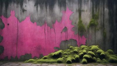The primary subject of the image is a pink wall with green moss growing on it. The setting is an outdoor environment, and the visual style appears to be a combination of photo and digital art. The dominant colors are pink and green, creating a vibrant and lively atmosphere.