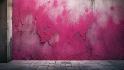 The primary subject of the image is a large pink wall with a red background. The setting is a room with a stone floor. The visual style is a combination of photo and digital art, creating a unique and artistic representation of the pink wall. The dominant colors are pink and red, giving the image a warm and vibrant atmosphere.