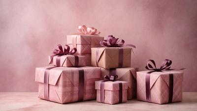 The primary subject of the image is a stack of five pink and purple wrapped presents. The setting is a pink background, which adds a warm and inviting atmosphere to the scene. The visual style is a combination of photo and digital art, creating a realistic yet artistic representation of the presents. The colors and mood of the image are predominantly pink and purple, evoking feelings of love, warmth, and celebration.