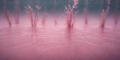 The primary subject of the image is a pink water surface with a few pink plants floating on it. The setting is a pink water body, possibly a lake or a pond. The visual style of the image is a combination of a photo and digital art, creating a unique and artistic representation of the scene. The colors and mood of the image are predominantly pink, giving it a warm and inviting atmosphere.