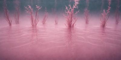The primary subject of the image is a pink water surface with a few pink plants floating on it. The setting is a pink water body, possibly a lake or a pond. The visual style of the image is a combination of photo and digital art, creating a unique and artistic representation of the scene. The colors and mood of the image are predominantly pink, giving it a warm and inviting atmosphere.