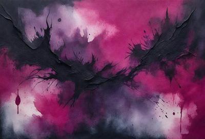 The primary subject of the image is a painting featuring a purple background with a black line or a black and pink background. The setting is an artistic environment, and the visual style appears to be a combination of digital art and illustration. The dominant colors in the painting are purple and black, creating a moody and dramatic atmosphere.