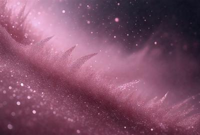 The primary subject of the image is a close-up of a pink, purple, and white object, possibly a piece of art or a decorative item. The setting appears to be a dark room, with a purple background. The visual style of the image is a combination of photo and digital art, creating a unique and intriguing appearance. The colors and mood of the image are predominantly pink and purple, giving it a soft and dreamy atmosphere.