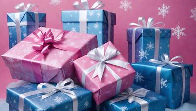 The primary subject of the image is a pile of wrapped presents. The presents are wrapped in pink and blue paper, and they are placed on a pink surface. The setting appears to be a festive occasion, possibly a birthday or holiday celebration. The visual style of the image is a close-up of the presents, showcasing their colors and details. The overall atmosphere of the image is warm, joyful, and celebratory.