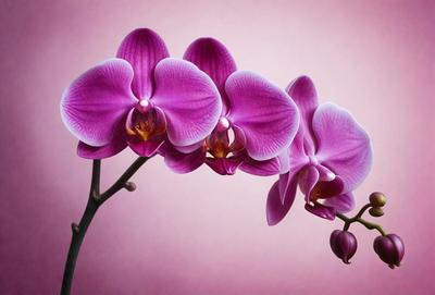 The primary subject of the image is a bouquet of purple orchids. The orchids are arranged in a vase, and they are displayed against a pink background. The visual style of the image is a photo, capturing the beauty of the orchids in their natural setting. The colors and mood of the image are predominantly pink, creating a warm and inviting atmosphere.