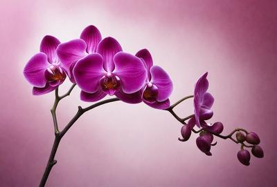 The primary subject of the image is a bouquet of purple orchids. The orchids are arranged in a vase, and they are the main focus of the image. The setting is a pink background, which adds a warm and inviting atmosphere to the scene. The visual style is a close-up of the orchids, showcasing their beauty and details. The colors and mood of the image are predominantly pink, which creates a sense of warmth and elegance.