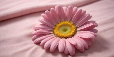 The primary subject of the image is a pink flower with a yellow center, sitting on a pink surface. The setting appears to be a bed, with the flower placed on the bedspread. The visual style of the image is a close-up of the flower, showcasing its details. The dominant colors in the image are pink and yellow, creating a warm and inviting atmosphere.