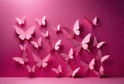 The primary subject of the image is a wall covered with numerous pink butterfly cutouts. The setting is a pink background, which creates a visually appealing contrast with the butterflies. The visual style is a combination of digital art and illustration, as the butterflies are created using a pattern or texture. The colors and mood of the image are predominantly pink, which gives it a warm and inviting atmosphere.