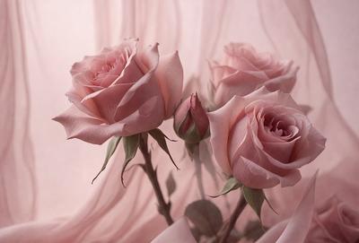 The primary subject of the image is a bouquet of three pink roses. The roses are placed in a vase, which is situated in front of a pink curtain. The setting appears to be a romantic or intimate environment, with the roses serving as a focal point. The visual style of the image is a close-up of the roses, emphasizing their beauty and delicate petals. The colors and mood of the image are predominantly pink, creating a warm and inviting
