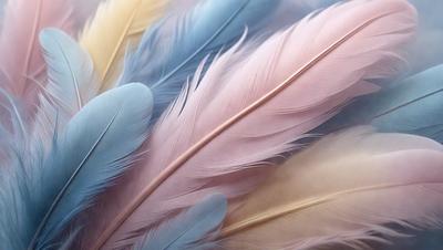 The primary subject of the image is a close-up of a pink and blue feather. The setting is a background of other feathers, creating a visually appealing and artistic scene. The visual style is a combination of photo and digital art, as the feathers appear to be both real and digitally manipulated. The colors and mood of the image are predominantly pink and blue, giving it a soft and delicate atmosphere.