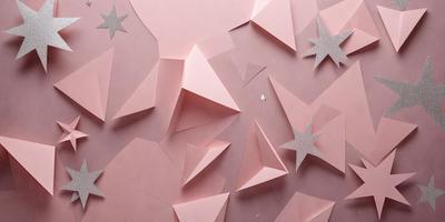 The primary subject of the image is a pink paper with stars cut out of it. The setting is a pink background, and the visual style is a combination of a photo and digital art. The colors are predominantly pink, and the overall atmosphere is playful and creative.