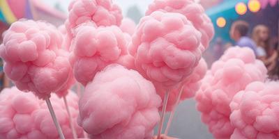 The primary subject of the image is a group of pink cotton candy on a stick. The setting is a street, and the visual style is a photo. The dominant colors are pink, and the overall atmosphere is playful and fun.