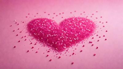The primary subject of the image is a heart-shaped pink sugar, which is the main object, scene, or focus of the image. The heart is placed on a pink surface, which serves as the setting or background. The visual style of the image is a close-up of the heart, showcasing its details. The colors and mood of the image are predominantly pink, creating a warm and inviting atmosphere.