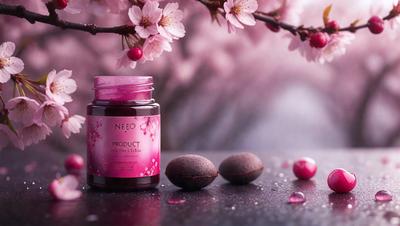 The primary subject of the image is a jar of a product, likely a food or cosmetic item, placed on a table. The setting is a table with a pink background, and the visual style appears to be a photo. The colors in the image are predominantly pink, creating a warm and inviting atmosphere.