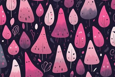 The primary subject of the image is a collection of mushrooms, which are depicted in various colors and sizes. The setting is a dark background, which contrasts with the vibrant colors of the mushrooms. The visual style is a combination of digital art and illustration, creating a unique and eye-catching pattern. The dominant colors are pink, purple, and black, giving the image a moody and artistic atmosphere.