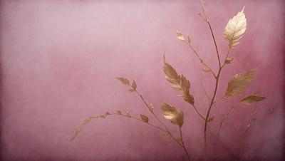 The primary subject of the image is a pink background with a gold leaf. The setting is a close-up of the leaf, which is the main object of the image. The visual style is a combination of a photo and digital art, creating a unique and artistic representation of the leaf. The colors and mood of the image are predominantly pink and gold, giving it a warm and elegant appearance.