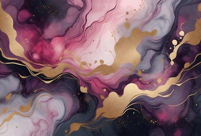 The primary subject of the image is a painting featuring a colorful, abstract design with gold and purple hues. The setting is a canvas, and the visual style is a painting. The dominant colors and overall atmosphere are vibrant and artistic.