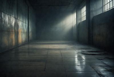 The primary subject of the image is a large, dark room with a wet floor. The setting is a damp, empty space with a concrete floor. The visual style is a black and white photo, giving the scene a moody and dramatic atmosphere. The colors and mood are primarily dark and somber, with the light coming from a single source, creating a sense of mystery and intrigue.