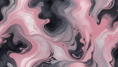 The primary subject of the image is a black and white painting of a pink and white swirl pattern. The setting is a canvas, and the visual style is a painting. The dominant colors are black, white, and pink, creating a mood of contrast and harmony.
