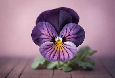 The primary subject of the image is a purple flower with a yellow center, sitting on a wooden table. The setting is a pink background, which adds a contrasting color to the scene. The visual style appears to be a close-up of the flower, showcasing its details. The dominant colors are purple and yellow, creating a calm and serene atmosphere.