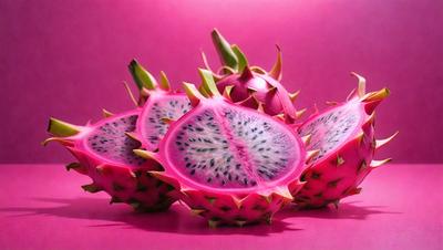 The primary subject of the image is a pink fruit, possibly a dragon fruit, with a spiky exterior. The fruit is placed on a pink surface, which adds to the overall color scheme of the image. The visual style of the image is a close-up of the fruit, showcasing its unique texture and appearance. The colors and mood of the image are predominantly pink, creating a warm and inviting atmosphere.