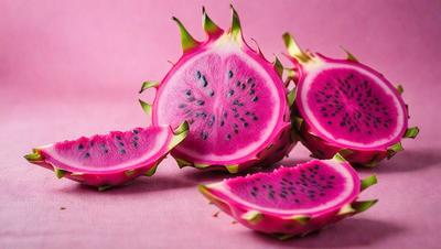 The primary subject of the image is a pink fruit, possibly a watermelon, with a slice cut out of it. The fruit is placed on a pink surface, which adds to the overall mood of the image. The visual style of the image is a close-up of the fruit, showcasing its texture and details. The colors in the image are predominantly pink, which gives the image a fresh and vibrant appearance.