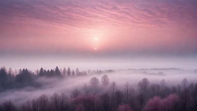 The primary subject of the image is a beautiful sunset, with the sun peeking through the clouds. The setting is a foggy forest, creating a serene and mystical atmosphere. The visual style is a photo, capturing the natural beauty of the scene. The dominant colors are pink and purple, which are often associated with the warmth and tranquility of a sunset.