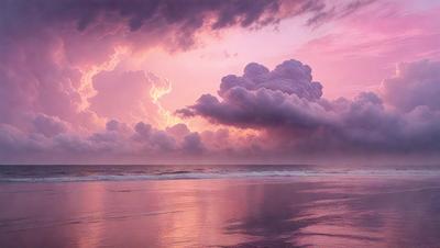 The primary subject of the image is a beautiful sunset over the ocean. The sky is filled with clouds, creating a dramatic and serene atmosphere. The setting is a beach, with the ocean stretching out to the horizon. The visual style of the image is a photo, capturing the stunning colors and natural beauty of the sunset. The dominant colors are pink, purple, and orange, creating a warm and inviting mood.