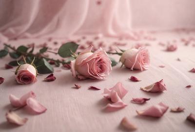 The primary subject of the image is a bouquet of pink roses. The setting is a pink surface, which could be a table or a wall. The visual style is a close-up of the roses, showcasing their beauty and details. The colors and mood of the image are predominantly pink, creating a warm and romantic atmosphere.
