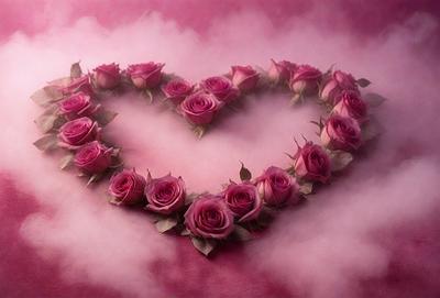 The primary subject of the image is a heart-shaped arrangement of pink roses. The heart is made up of several pink roses, with some placed in the center and others surrounding it. The setting is a pink background, which adds to the overall mood of the image. The visual style is a close-up of the heart-shaped arrangement of roses, showcasing the details of the flowers and their arrangement. The colors and mood of the image are predominantly pink, creating a warm