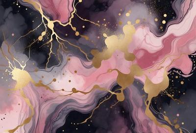 The primary subject of the image is a painting featuring a pink and gold color scheme. The setting is a black background, which contrasts with the vibrant colors of the painting. The visual style is a combination of digital art and illustration, creating a unique and eye-catching piece of art. The dominant colors are pink and gold, giving the painting a warm and inviting atmosphere.