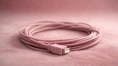 The primary subject of the image is a pink cord, which is the main focus of the scene. The setting is a pink background, which complements the color of the cord. The visual style is a close-up of the cord, showcasing its texture and details. The colors and mood of the image are predominantly pink, creating a warm and inviting atmosphere.