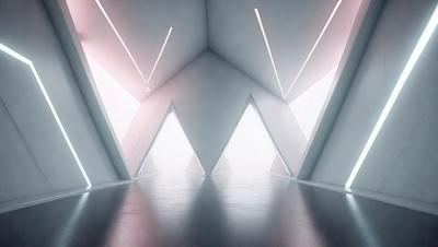 The primary subject of the image is a large, white, geometric structure with three triangular openings. The setting is a white room with a white floor, creating a clean and minimalist atmosphere. The visual style is a combination of photo and digital art, as the structure appears to be a 3D model or a digital rendering. The colors and mood are predominantly white, giving the scene a calm and serene feel.