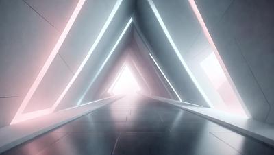 The primary subject of the image is a long, narrow hallway with a black floor. The setting is a futuristic environment, possibly a space station or a high-tech building. The visual style is digital art, as the hallway appears to be a computer-generated image. The dominant colors are black and white, creating a stark and minimalist atmosphere.