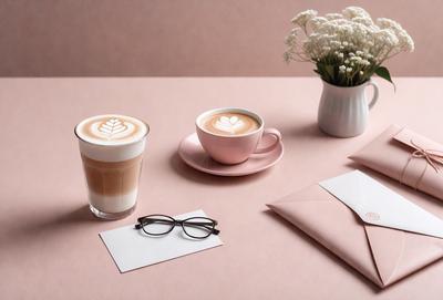 The primary subject of the image is a table with a cup of coffee, a glass of milk, and a card. The setting is a dining table, and the visual style is a photo. The colors and mood of the image are warm and inviting, with the pink table and the white card creating a pleasant atmosphere.