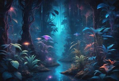 The primary subject of the image is a forest filled with various plants and trees. The setting is a dark, magical forest with a blue river flowing through it. The visual style is a digital art or illustration, creating a surreal and enchanting atmosphere. The colors and mood are predominantly dark and mysterious, with the blue river adding a touch of tranquility to the scene.