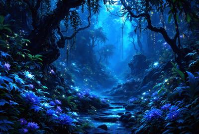 The primary subject of the image is a forest with a blue-lit pathway. The setting is a lush, green forest with a blue-lit pathway that leads through the woods. The visual style is a digital art or illustration, creating a surreal and magical atmosphere. The colors and mood are predominantly blue, with a touch of green, giving the scene a serene and mystical feel.