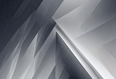 The primary subject of the image is a white wall with a pattern of triangles. The setting is a room with a gray background. The visual style is a combination of digital art and illustration. The dominant colors are white and gray, creating a clean and minimalist atmosphere.