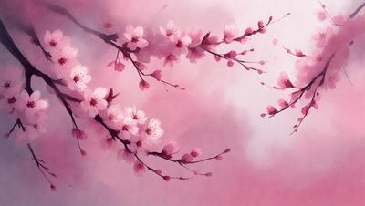 The primary subject of the image is a tree with pink flowers. The tree is surrounded by a pink background, which adds to the overall mood of the scene. The visual style of the image is a painting, which gives it a more artistic and detailed appearance. The colors and mood of the image are predominantly pink, creating a warm and inviting atmosphere.