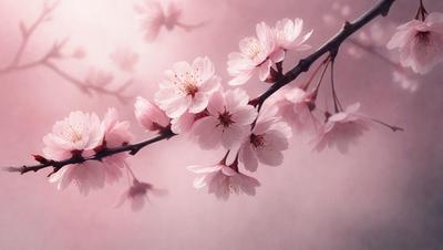 The primary subject of the image is a branch with pink flowers on it. The setting is a pink background, which adds to the overall mood of the scene. The visual style is a close-up of the branch with flowers, showcasing the details of the pink petals. The colors and mood of the image are predominantly pink, creating a warm and inviting atmosphere.