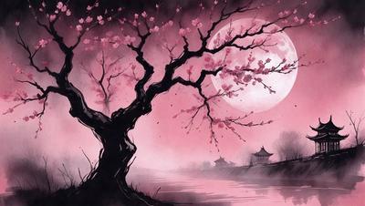 The primary subject of the image is a tree with pink flowers, which is located near a body of water. The setting is a serene, pink-lit night with a full moon in the background. The visual style is a painting or drawing, with a focus on the tree and its surroundings. The colors and mood of the image are predominantly pink, creating a warm and peaceful atmosphere.