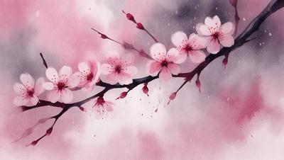 The primary subject of the image is a branch with pink flowers on it. The setting is a cloudy sky, and the visual style is a painting or drawing. The colors and mood of the image are predominantly pink, creating a soft and delicate atmosphere.