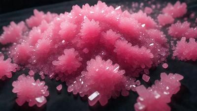The primary subject of the image is a pink, glittery, and shiny substance, which appears to be a type of crystal or glass. The setting is a black surface, which contrasts with the pink substance. The visual style of the image is a close-up of the pink substance, showcasing its unique texture and appearance. The colors and mood of the image are predominantly pink, creating a warm and inviting atmosphere.
