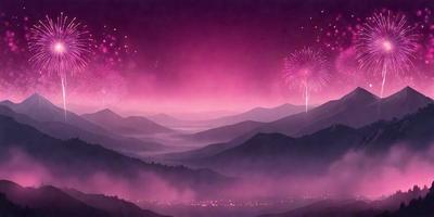 The primary subject of the image is a beautiful mountain range with a purple sky. The setting is a mountainous landscape with a pink sky, creating a serene and picturesque scene. The visual style is a combination of digital art and illustration, giving the image a unique and artistic appearance. The colors and mood of the image are predominantly purple, creating a calm and peaceful atmosphere.