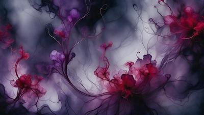 The primary subject of the image is a purple flower with red petals, surrounded by a purple background. The visual style of the image is a digital art or illustration, with a purple and red color scheme that creates a mood of tranquility and beauty.