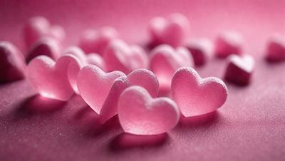 The primary subject of the image is a collection of pink hearts. The hearts are arranged on a pink surface, which could be a table or a piece of fabric. The visual style of the image is a close-up of the hearts, showcasing their pink color and texture. The overall atmosphere of the image is warm and inviting, with the pink hearts symbolizing love and affection.
