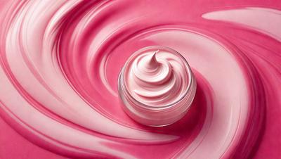The primary subject of the image is a bottle of pink nail polish, which is placed on a pink surface. The setting appears to be a pink background, and the visual style is a close-up of the bottle. The dominant colors in the image are pink, which creates a warm and inviting atmosphere.