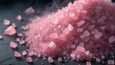 The primary subject of the image is a pink sugar-like substance, which appears to be a powder or a granular material. The setting is a black surface, which contrasts with the pink color of the sugar. The visual style of the image is a close-up of the sugar, showcasing its texture and appearance. The colors and mood of the image are predominantly pink, giving it a warm and inviting atmosphere.